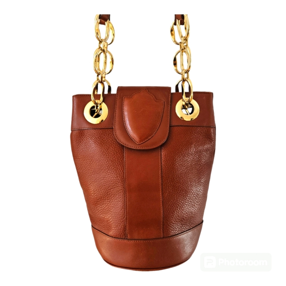VTG EREZ HIGH QUALITY LEATHER HANDBAG CROSSBODY BUCKET  PURSE Gold Link